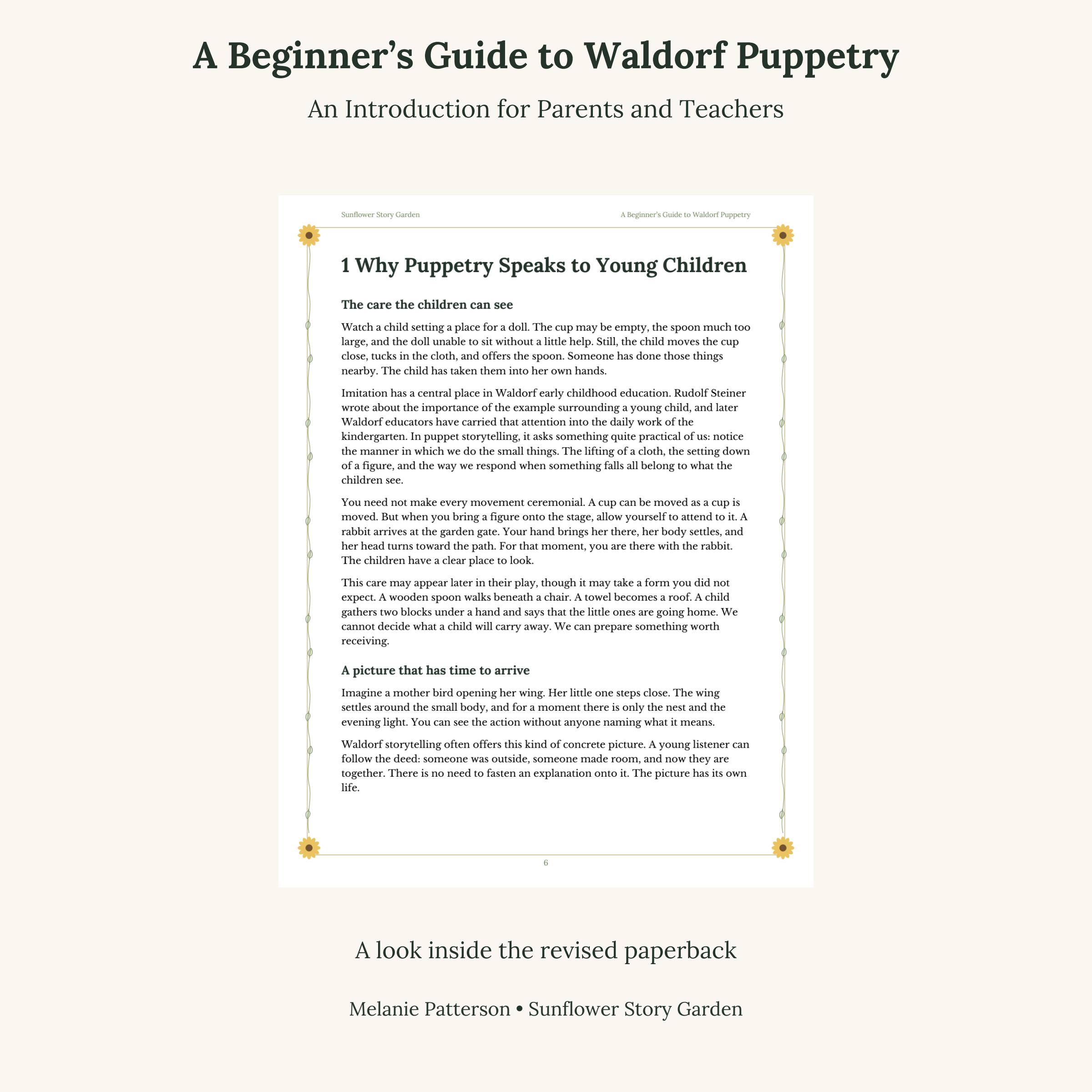 Sample page from the revised 50-page Waldorf Puppetry Guide, with white paper and a sunflower border.