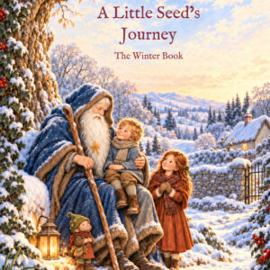 Cover of A Little Seed’s Journey: The Winter Book by Melanie Patterson, showing Old Man Winter with Will on his lap, Clara, and Moss-Cap in a snowy garden.
