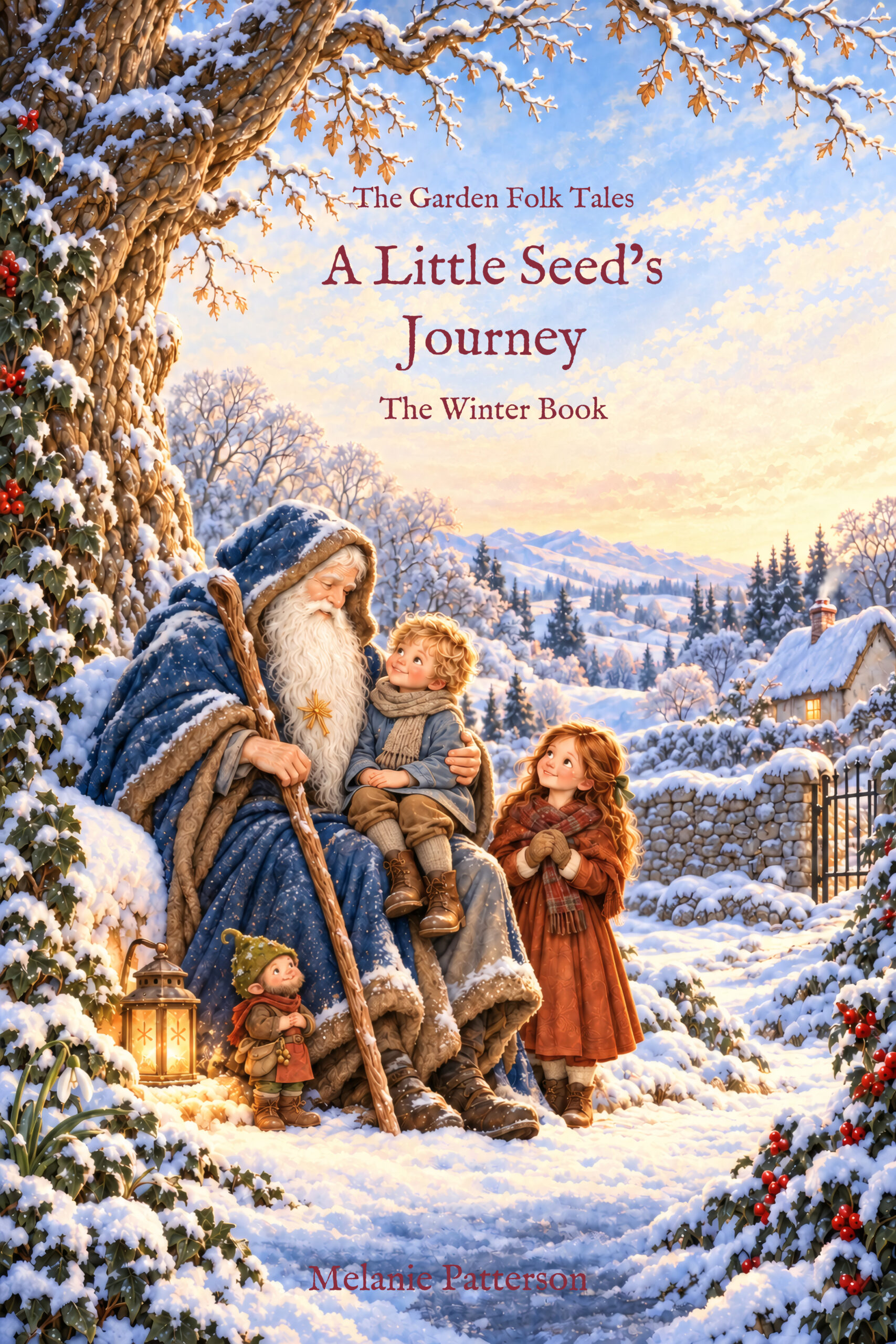 Cover of A Little Seed’s Journey: The Winter Book by Melanie Patterson, showing Old Man Winter with Will on his lap, Clara, and Moss-Cap in a snowy garden.